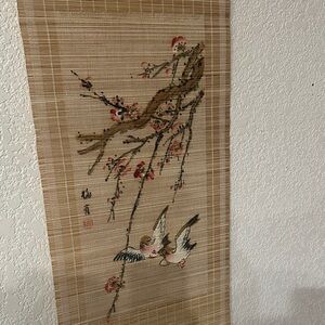 Traditional Floral and Bird Wall Hanging Scroll - Beige and Pink
